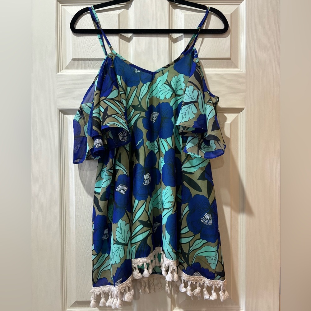 Judith March Blue & Teal Floral Tassel-Trim Cold Shoulder Top